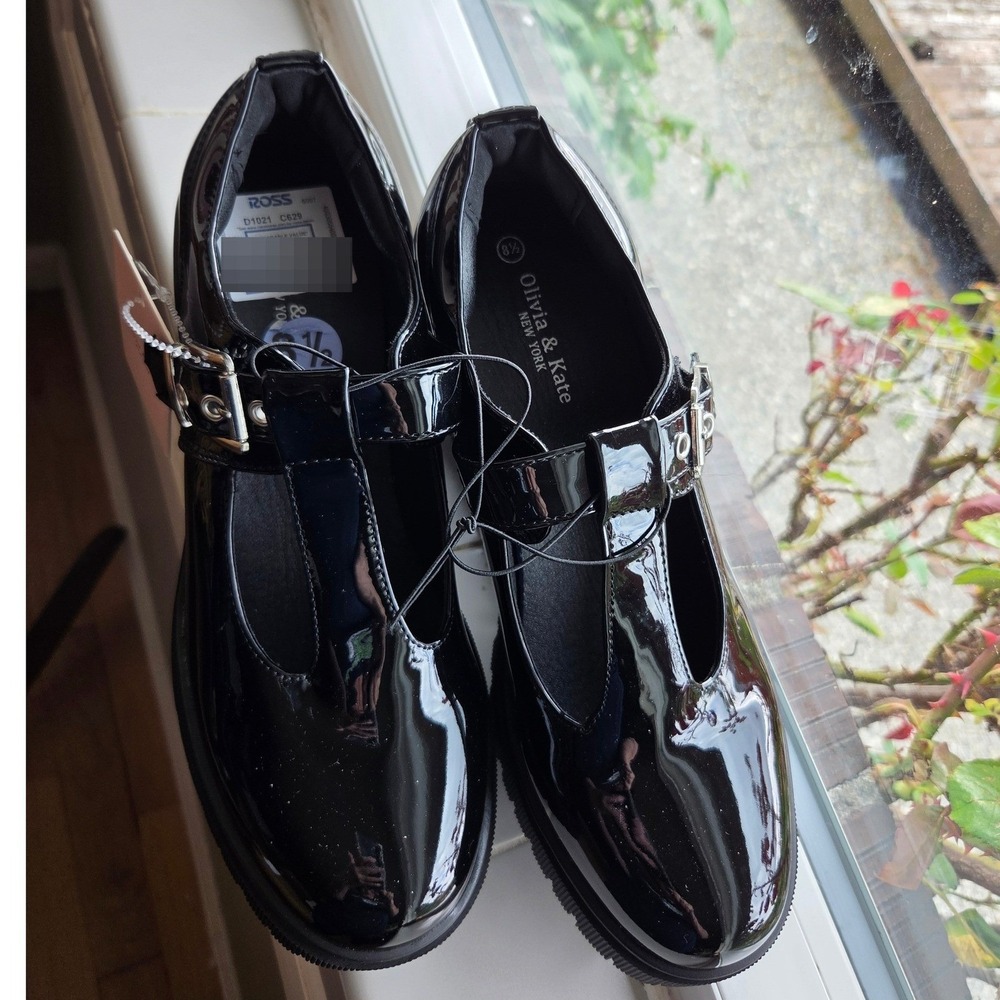 Olivia & Kate Mary Jane Shoes Womens 8.5 Black New Patent Platform T-Strap Lug - Picture 6 of 7